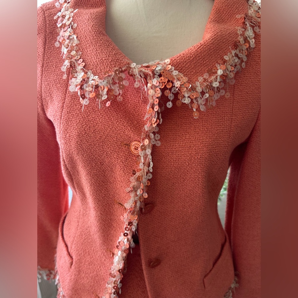 Louis Feraud Vintage Coral Embellished Women's Blazer and Skirt Set - Picture 2 of 13